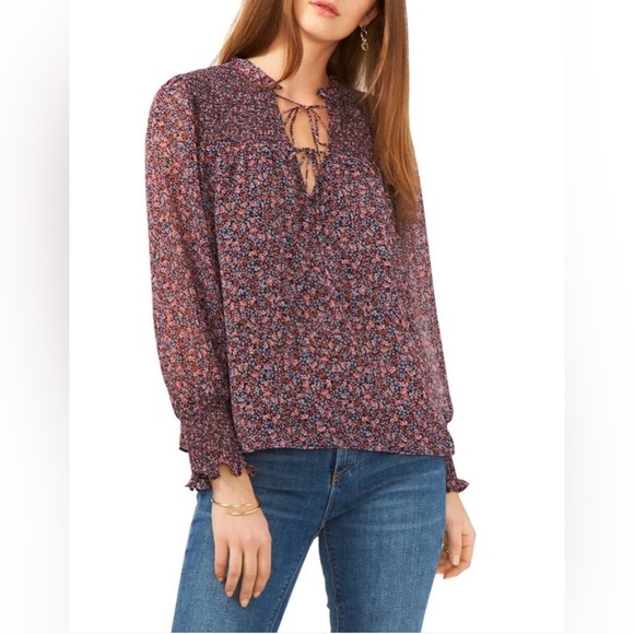 1. State Tops - ⭐️1 state purple multicolor long sleeve women’s blouse size small cottagecore